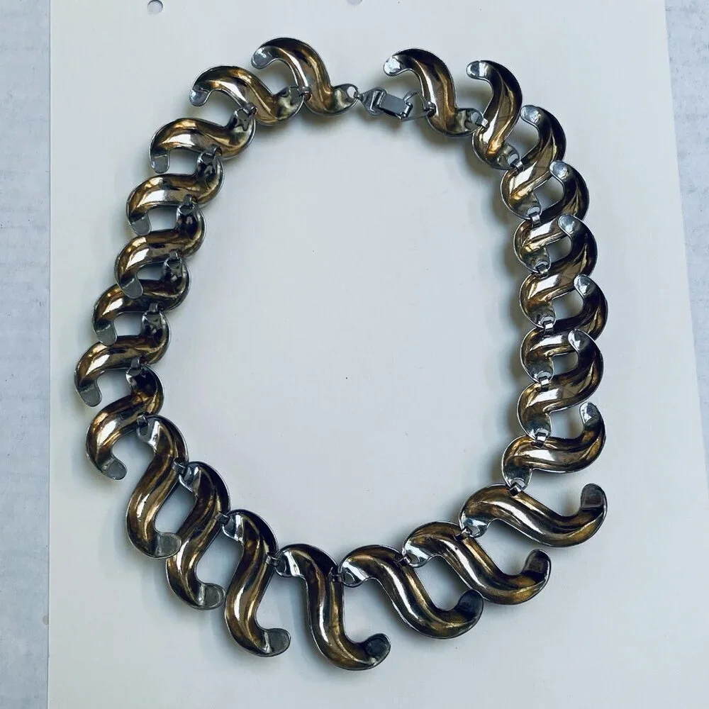 Vintage Brutalist Necklace Chain Necklace Choker Jewelry Modernist Silver Tone